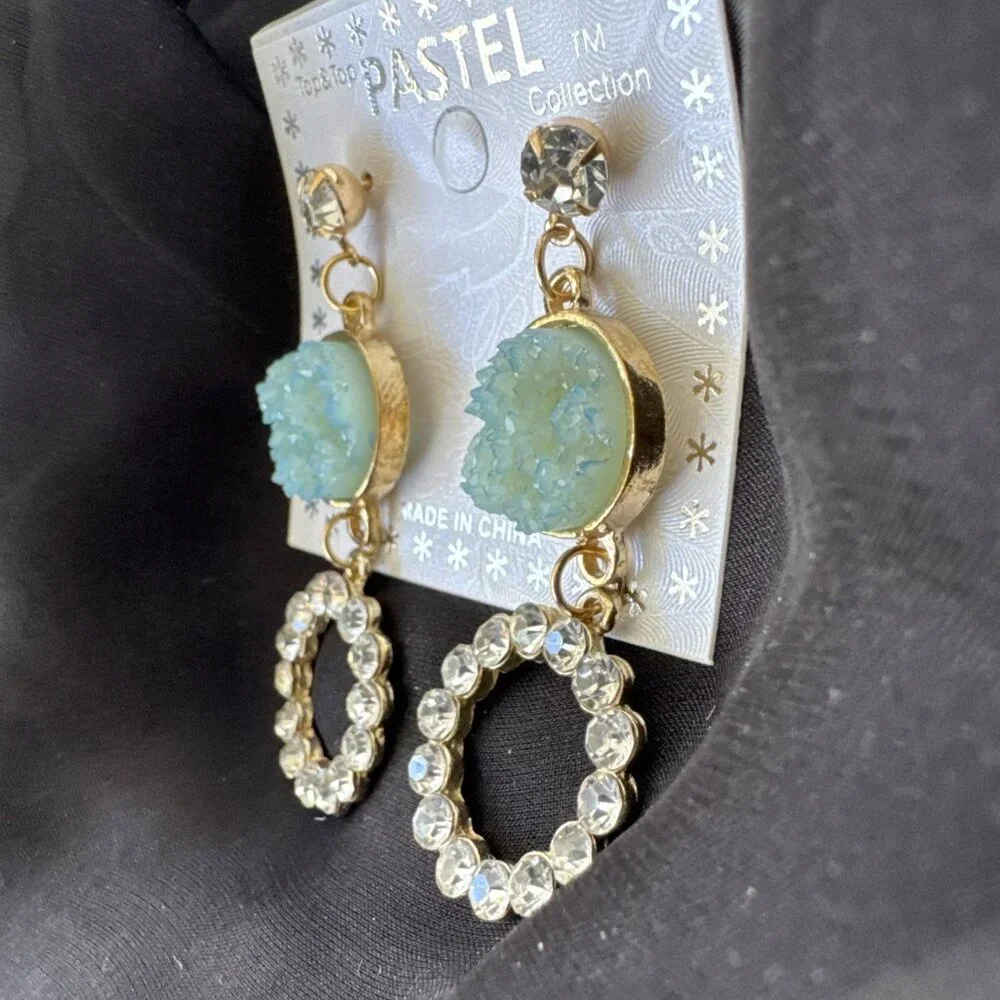 Pastel Faux Blue Green Stone Crystal Gold Rhinestone Earrings Dangle Drop NEW